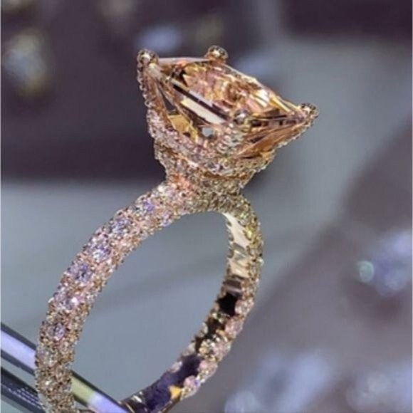 Rose Gold Diamond Under Halo Ring With Diamond Prongs Cushion Cut Morganite - Picture 9 of 16